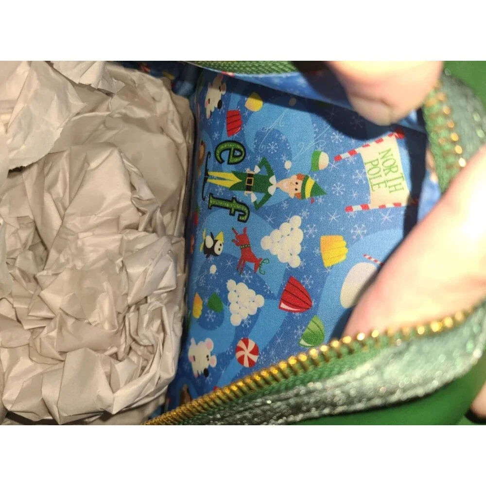 New Loungefly Christmas Elf Movie Backpack, Holographic Sign, Velvet Hat NEW